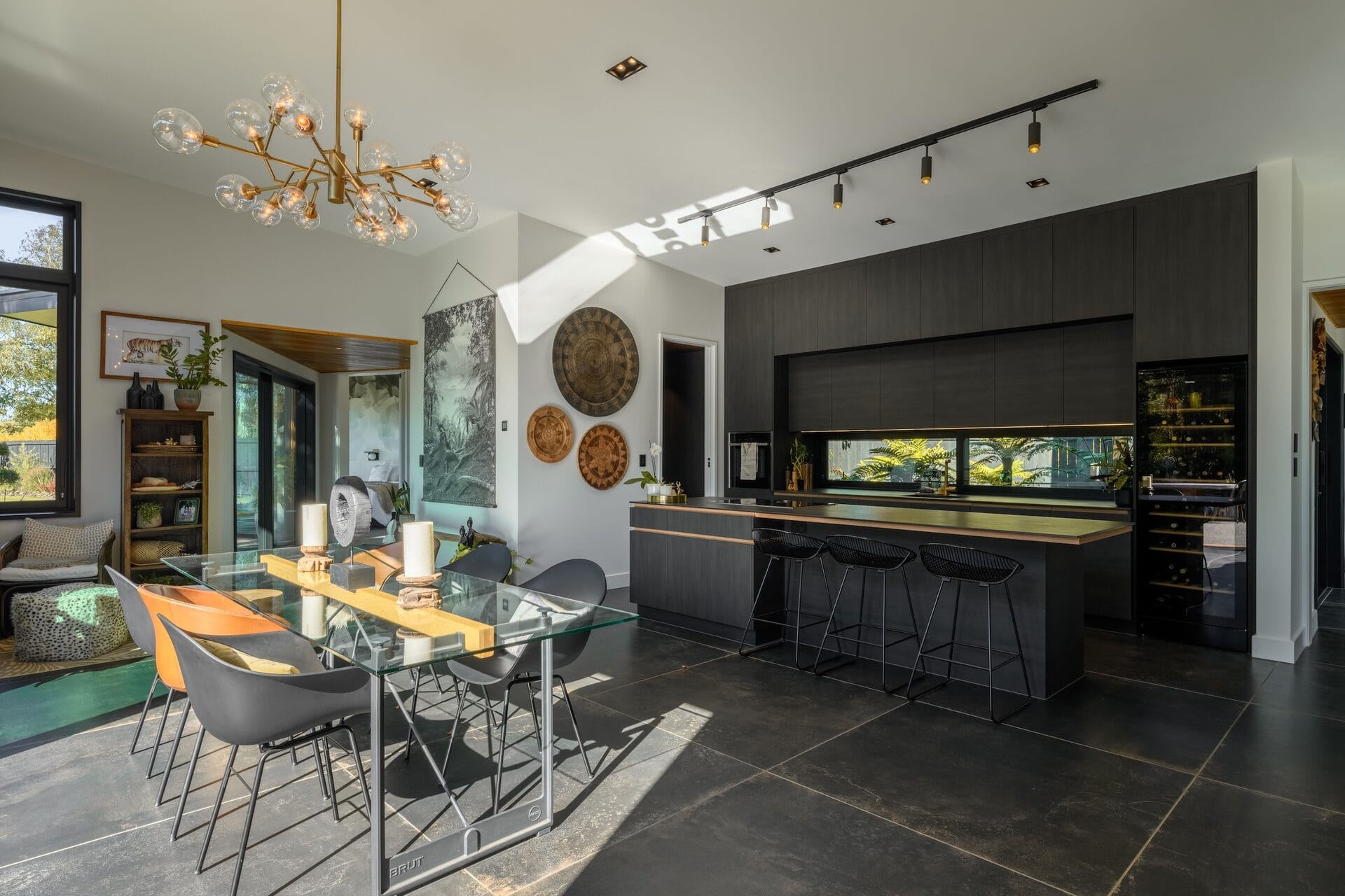 Grady Home — dining room with Italian tiles and pendant chandelier