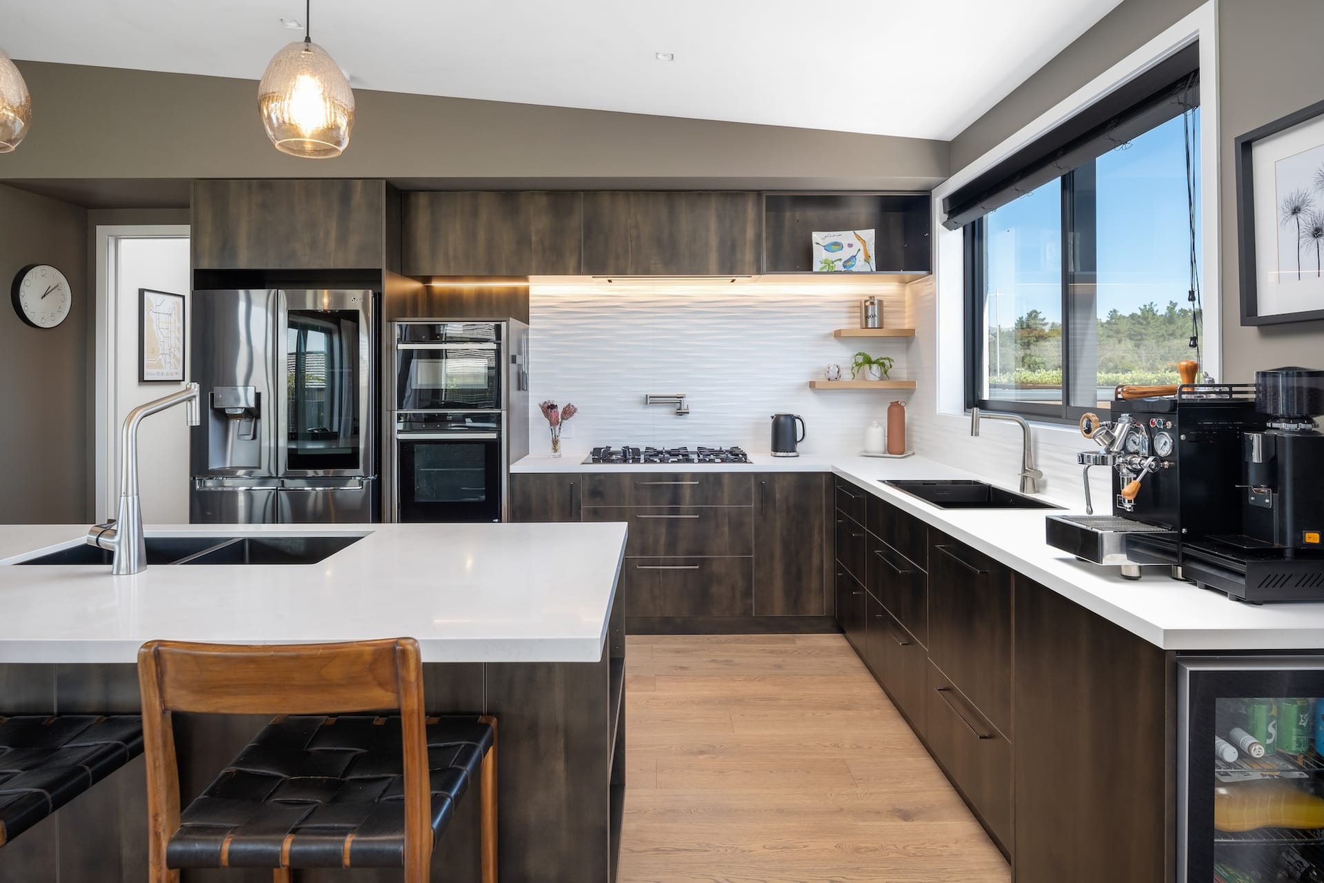 Spitfire Drive kitchen, white waterfall island with espresso bar