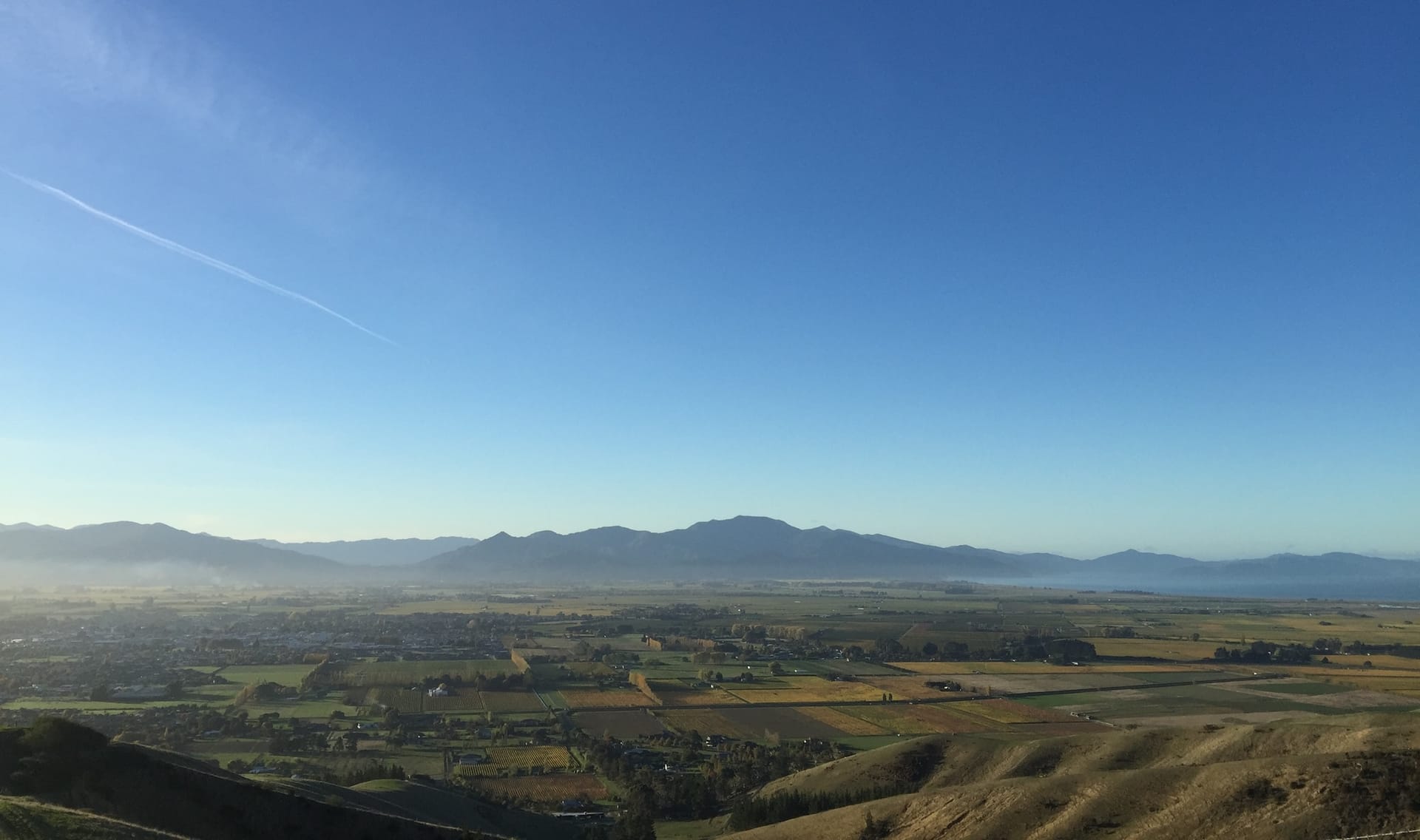 Wide morning view across the Wairau Plains from the Wither Hills, with vineyards, farmland and the Richmond Range beyond