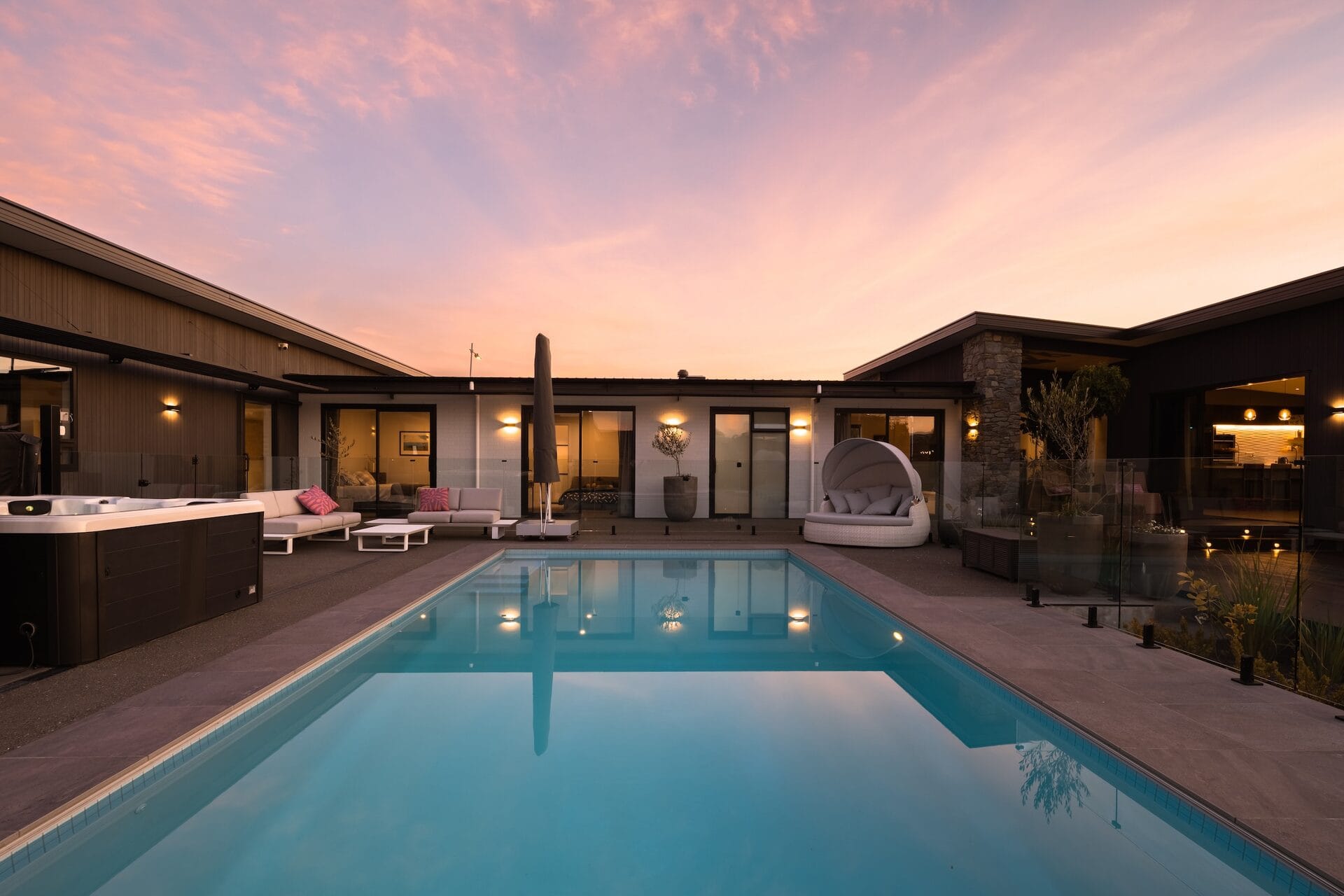 Pope Home — pool and courtyard at sunset
